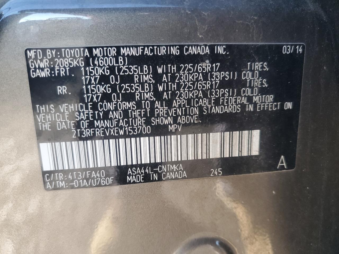 2014 Toyota RAV 4 VIN 2T3RFREVXEW153700 Copart auction photo, rear end / side damage thumbnail 13