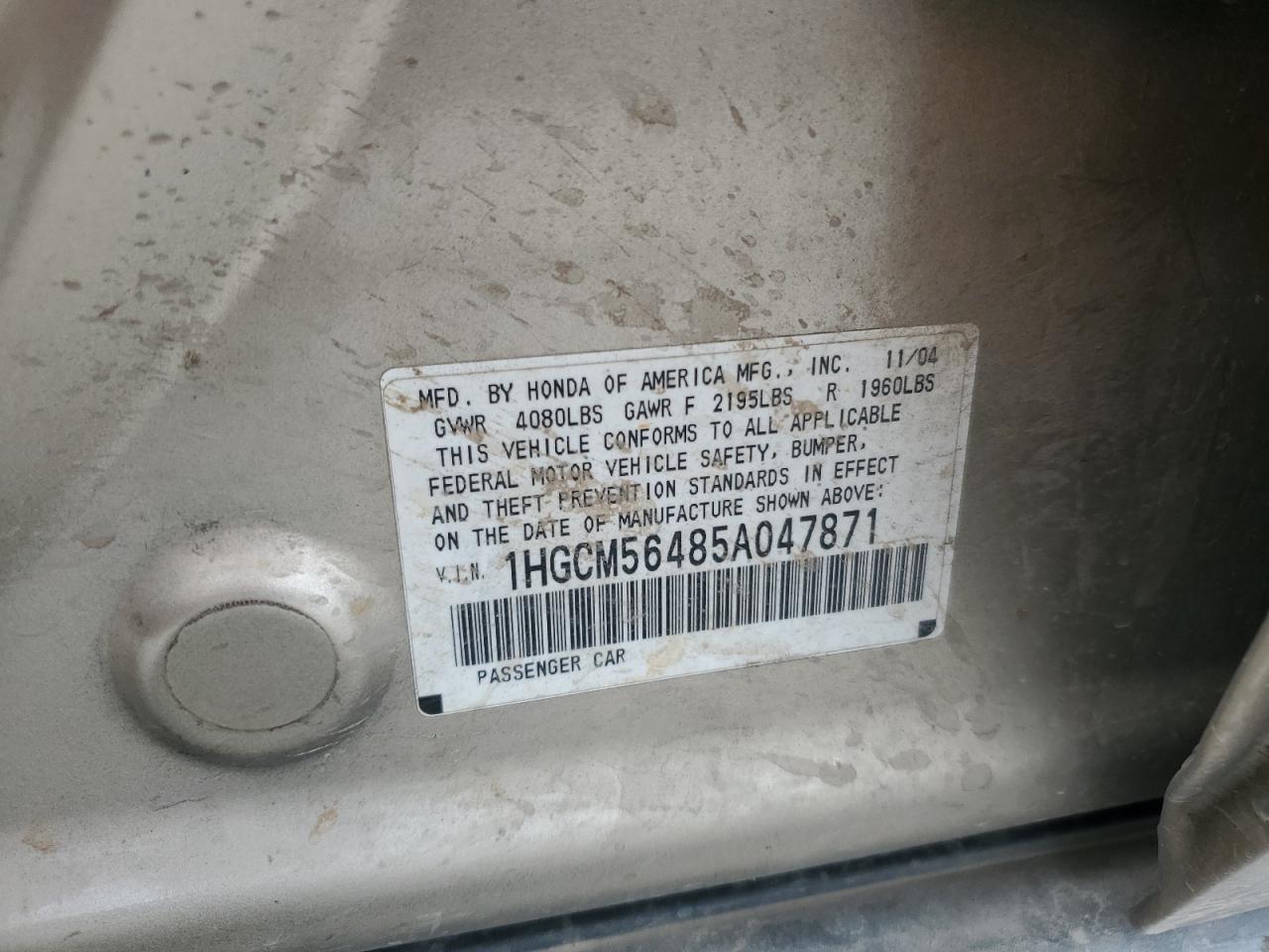 2005 Honda Accord VIN 1HGCM56485A047871 Copart auction photo, rear end damage thumbnail 14