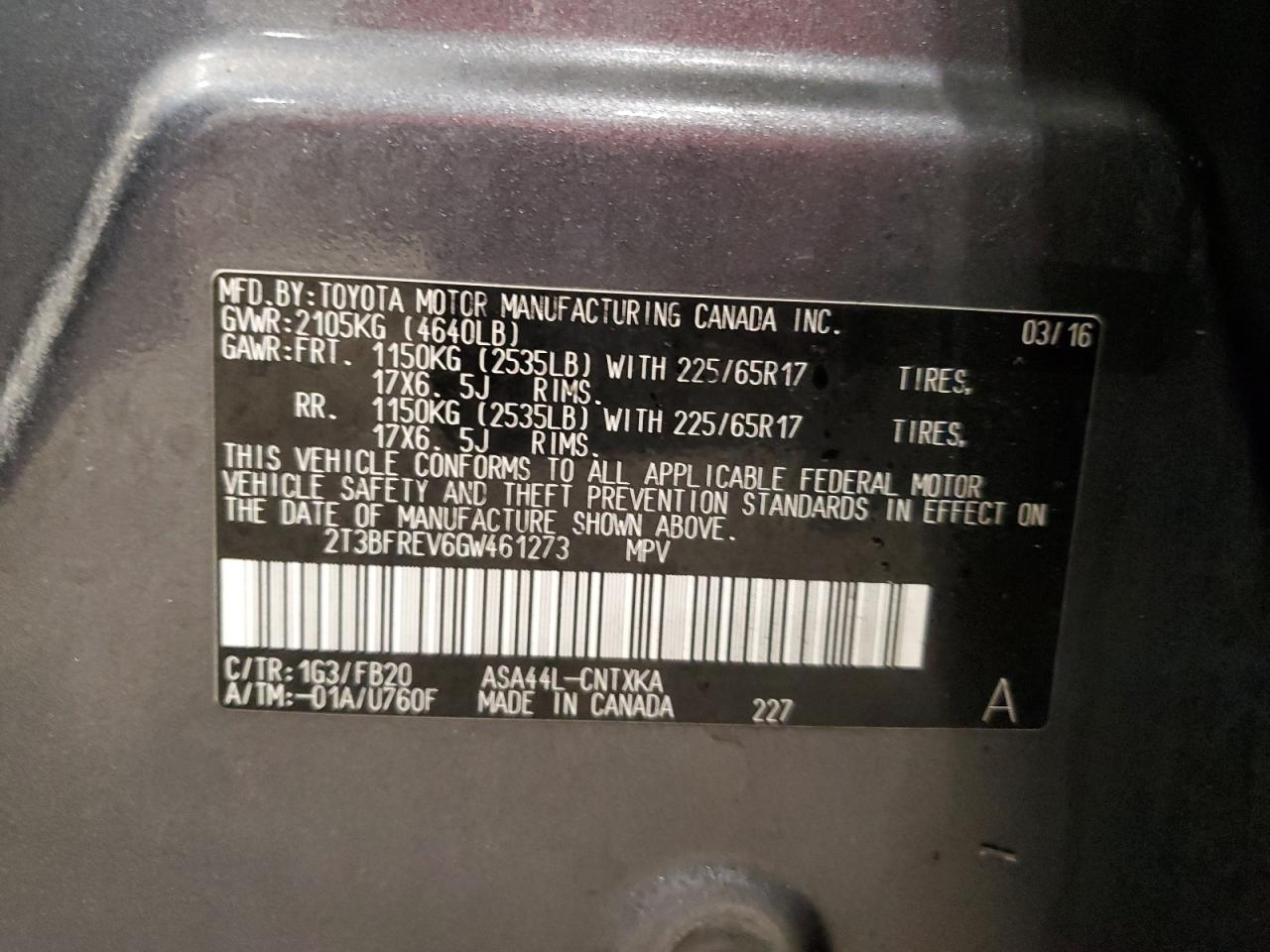 2016 Toyota RAV 4 VIN 2T3BFREV6GW461273 Copart auction photo, side / hail damage thumbnail 13
