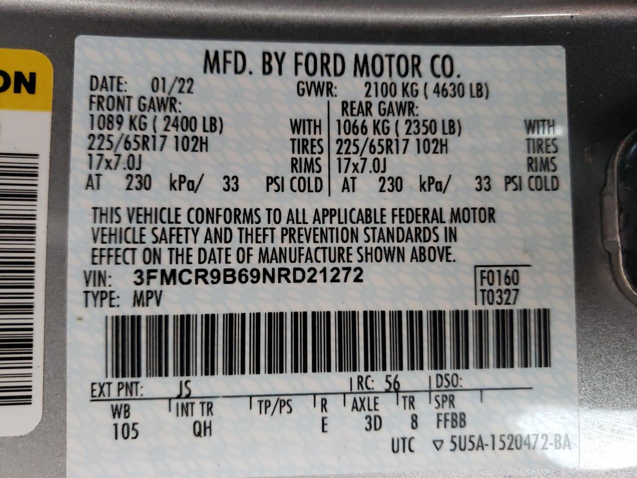 2022 Ford Bronco VIN 3FMCR9B69NRD21272 Copart auction photo, front end / undercarriage damage thumbnail 14