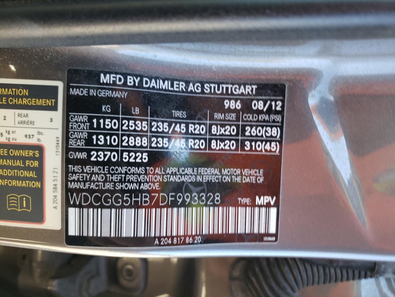 2013 Mercedes-Benz GLK-klasse VIN WDCGG5HB7DF993328 Copart auction photo, side / rear end damage thumbnail 13