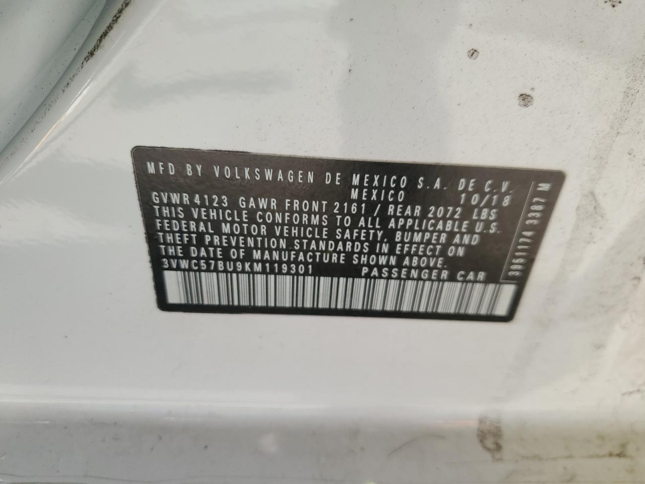 2019 Volkswagen Jetta VIN 3VWC57BU9KM119301 Copart auction photo, side / rear end damage thumbnail 12