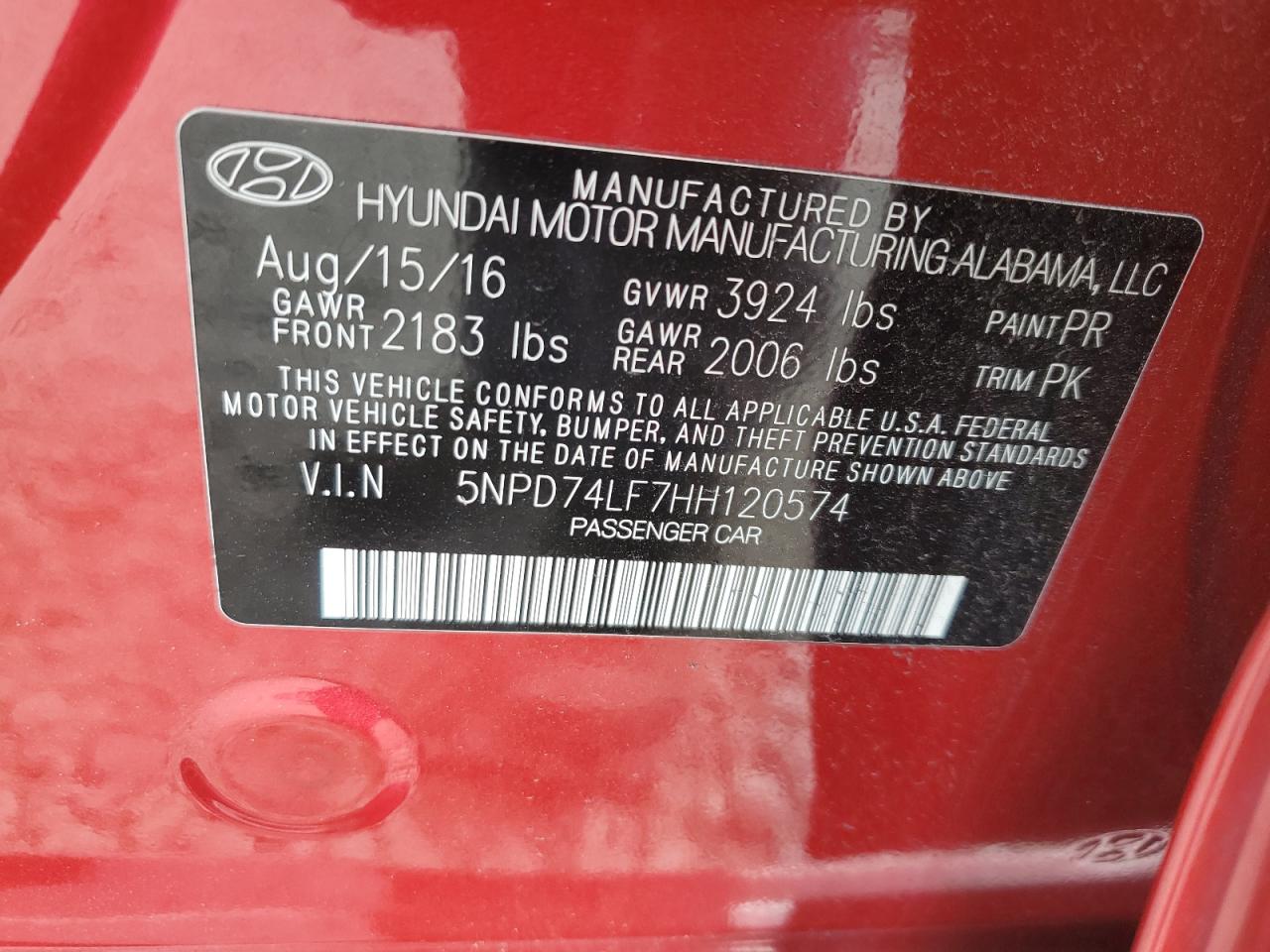 2017 Hyundai Elantra VIN 5NPD74LF7HH120574 Copart auction photo, front end damage thumbnail 14