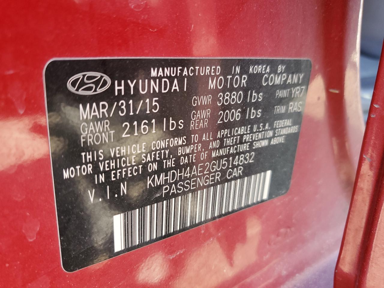 2016 Hyundai Elantra VIN KMHDH4AE2GU514832 Copart auction photo, front end damage thumbnail 15