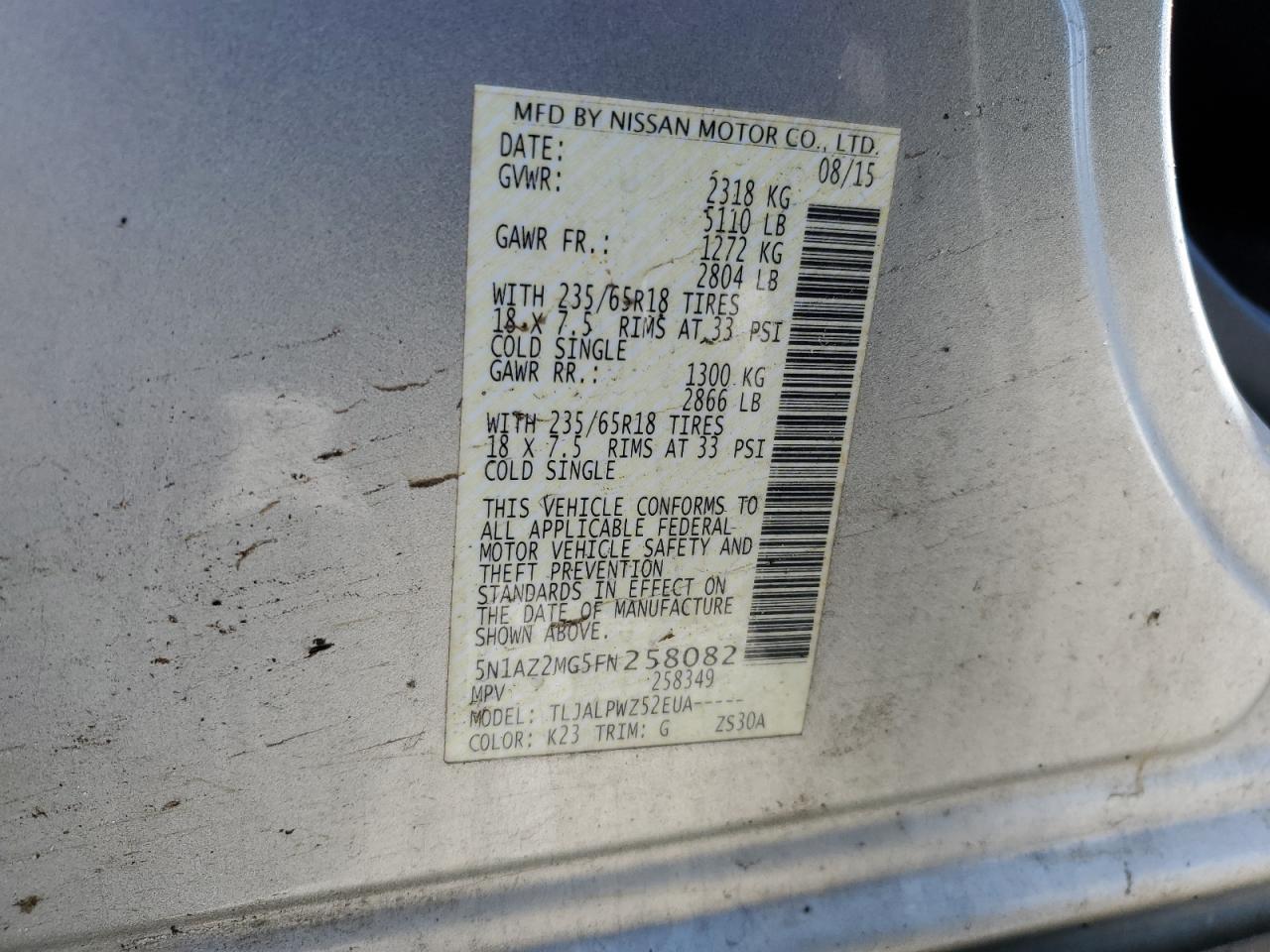 2015 Nissan Murano VIN 5N1AZ2MG5FN258082 Copart auction photo, front end / all over damage thumbnail 13
