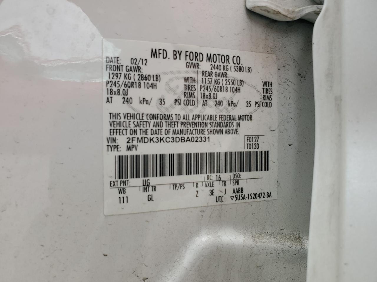 2013 Ford Edge VIN 2FMDK3KC3DBA02331 Copart auction photo, front end damage thumbnail 14