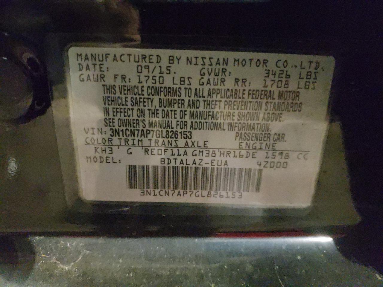 2016 Nissan Versa VIN 3N1CN7AP7GL826153 Copart auction photo, side / front end damage thumbnail 13