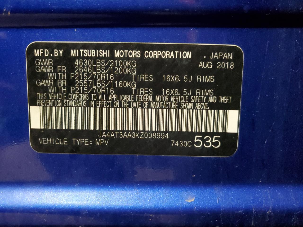 2019 Mitsubishi Eclipse VIN JA4AT3AA3KZ008994 Copart auction photo, front end / rear end damage thumbnail 14