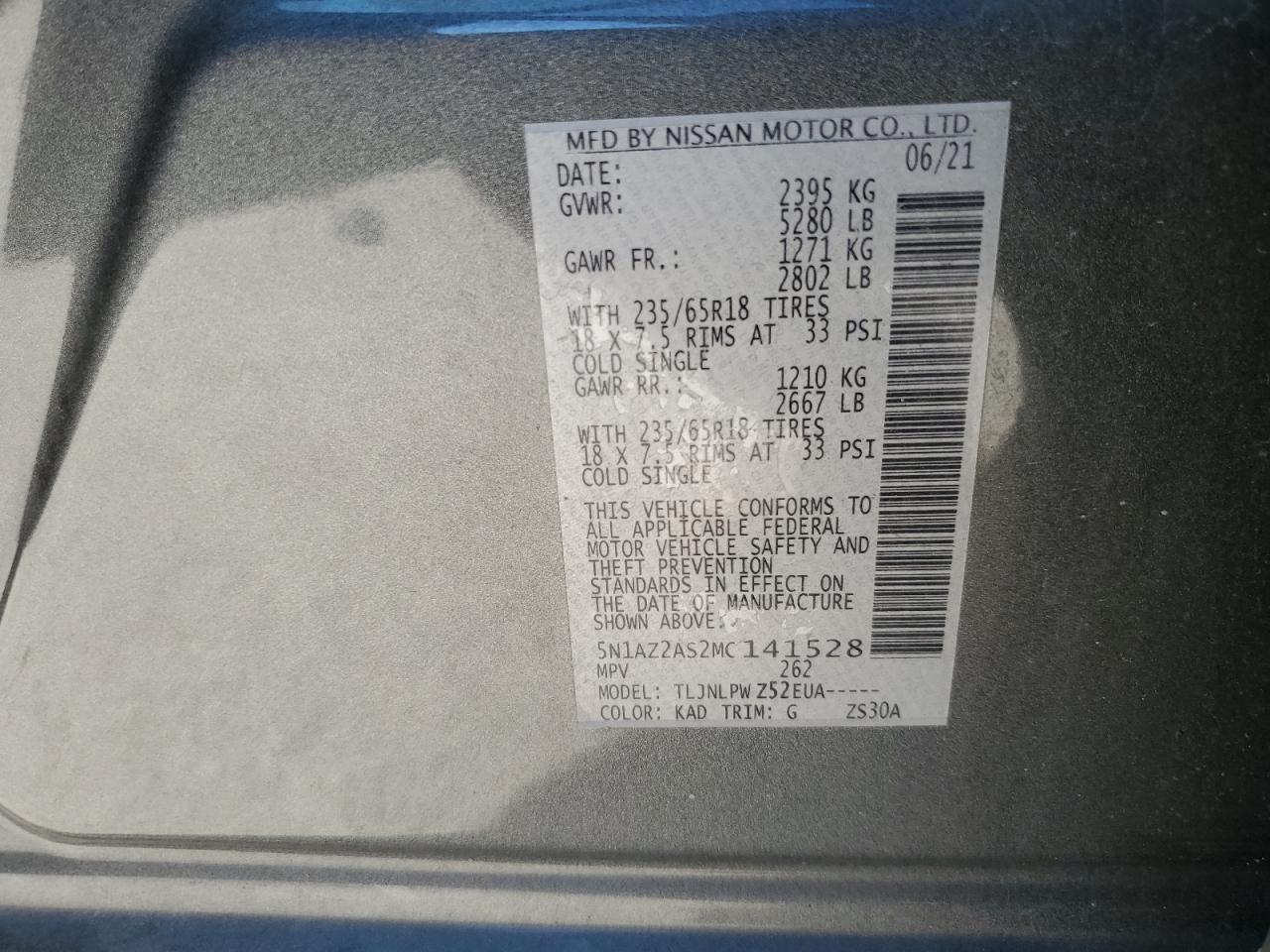2021 Nissan Murano VIN 5N1AZ2AS2MC141528 Copart auction photo, front end damage thumbnail 15