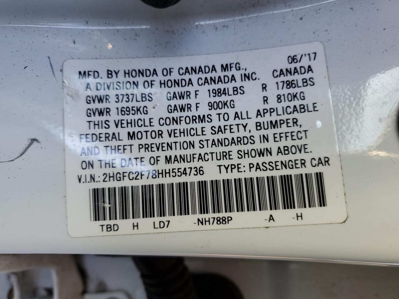 2017 Honda Civic VIN 2HGFC2F78HH554736 Copart auction photo, front end damage thumbnail 14