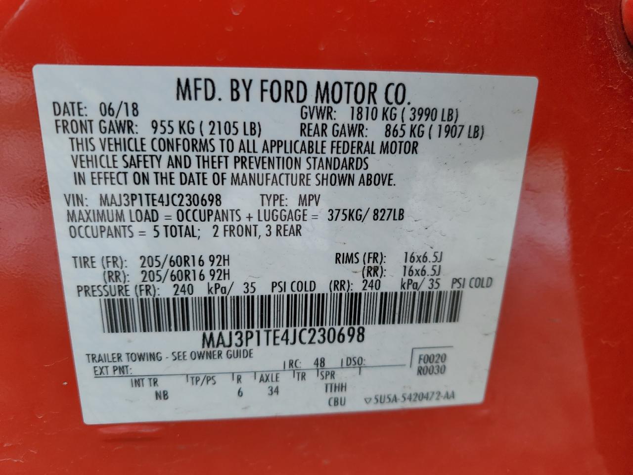 2018 Ford EcoSport VIN MAJ3P1TE4JC230698 Copart auction photo, front end damage thumbnail 14