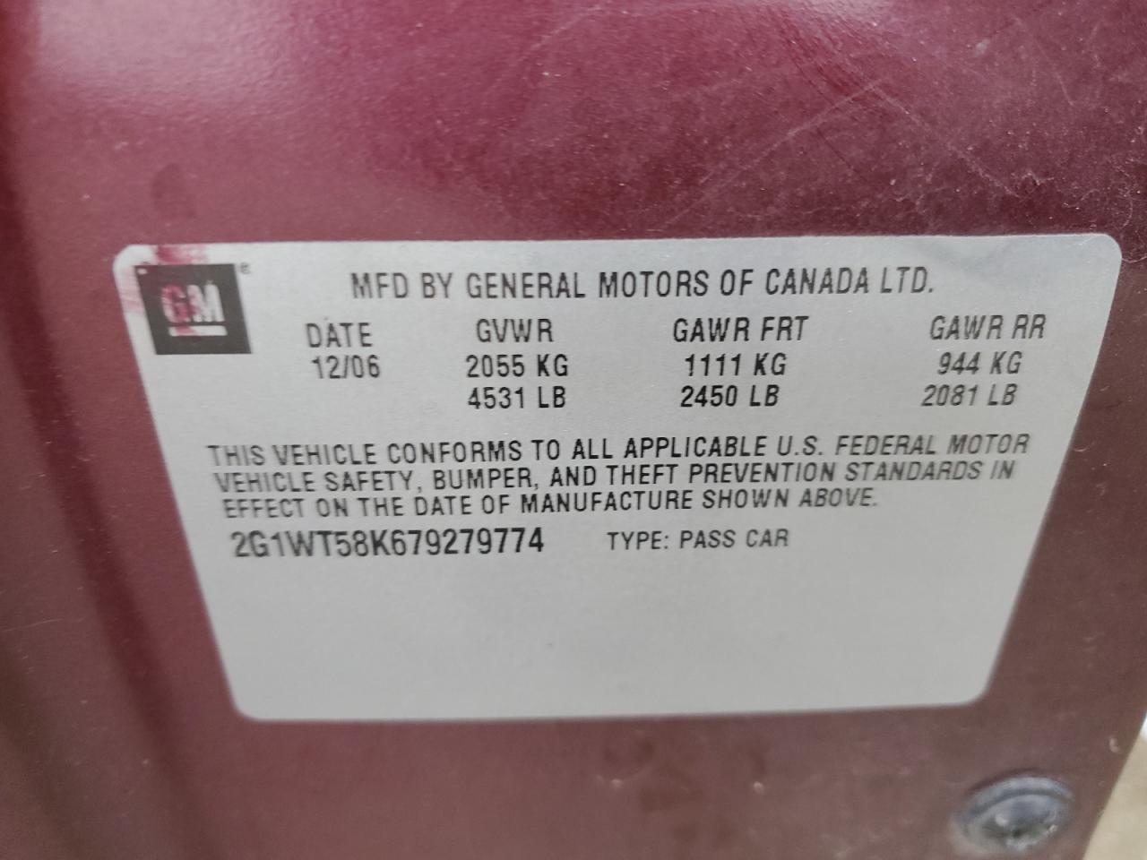 2007 Chevrolet Impala VIN 2G1WT58K679279774 Copart auction photo, all over damage thumbnail 14