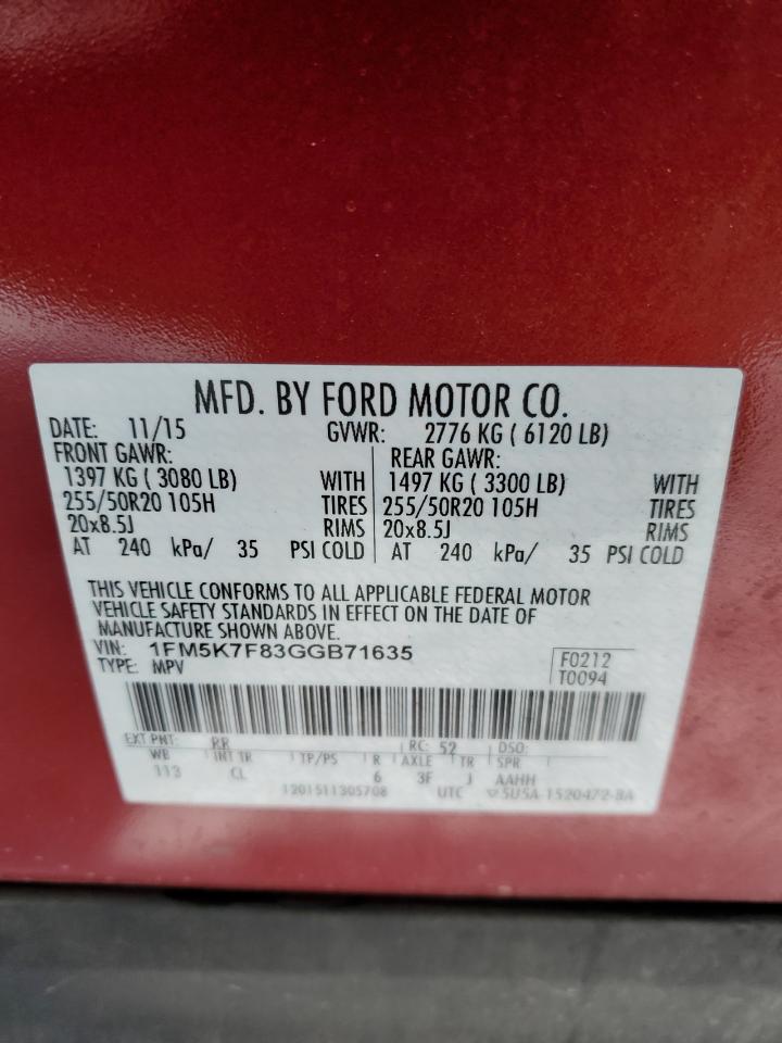 2016 Ford Explorer VIN 1FM5K7F83GGB71635 Copart auction photo, water/flood damage thumbnail 13