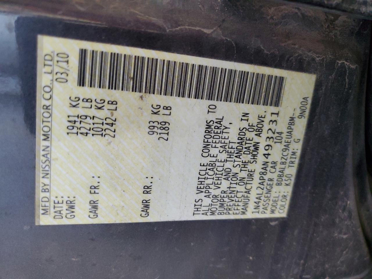 2010 Nissan Altima VIN 1N4AL2AP8AN493231 Copart auction photo, rear end / hail damage thumbnail 13