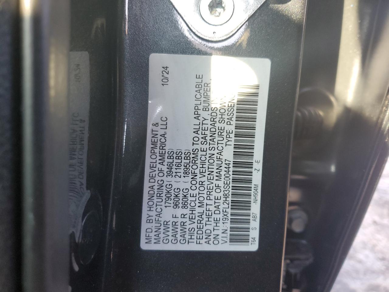 2025 Honda Civic VIN 19XFL2H83SE004447 Copart auction photo, front end damage thumbnail 12