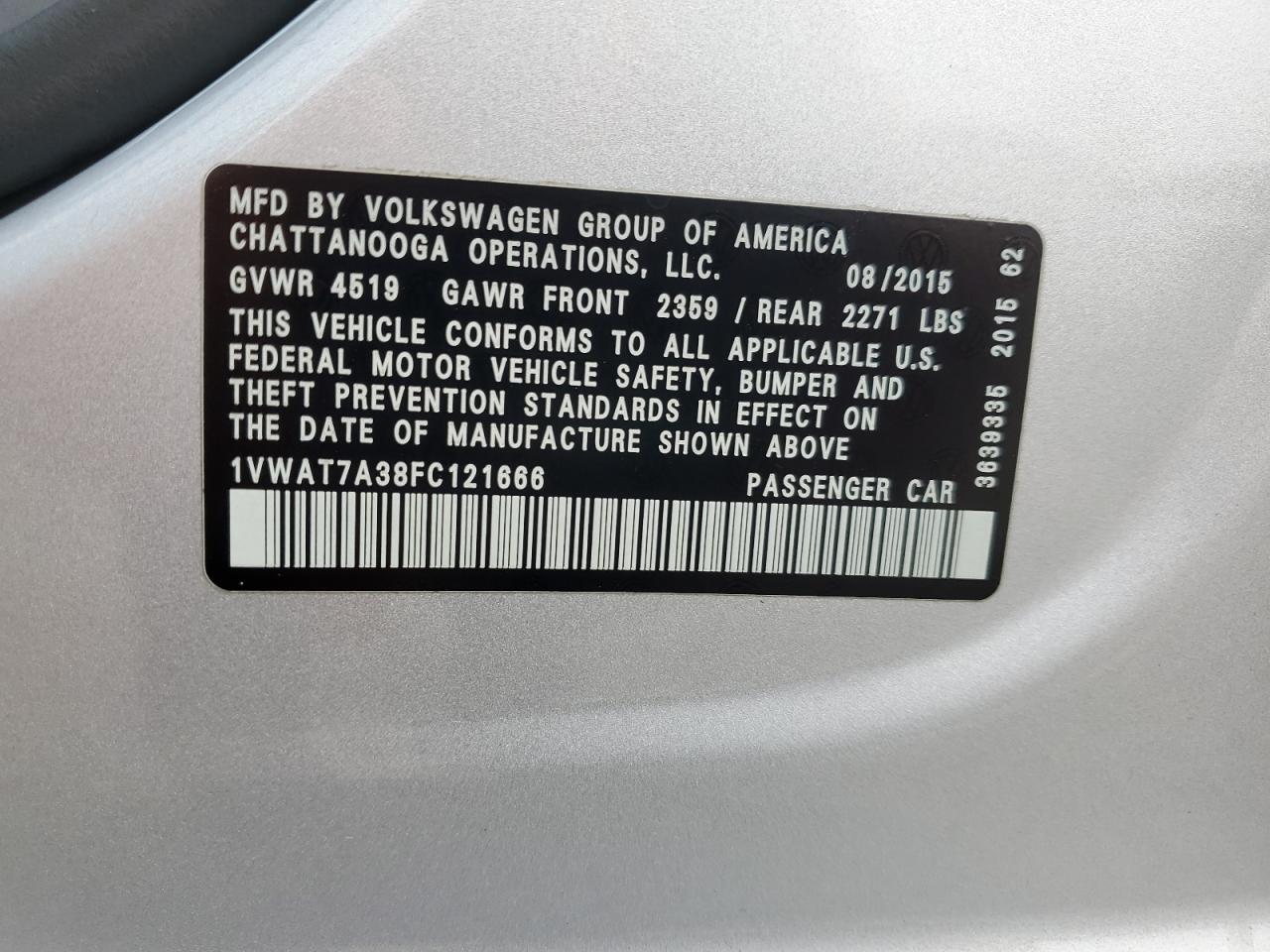 2015 Volkswagen Passat VIN 1VWAT7A38FC121666 Copart auction photo, front end damage thumbnail 13