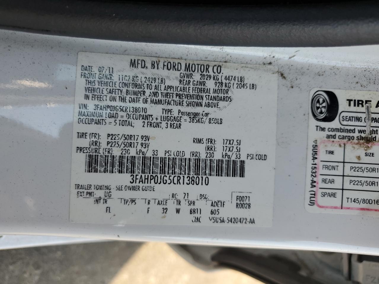 2012 Ford Fusion VIN 3FAHP0JG5CR138010 Copart auction photo, front end damage thumbnail 14