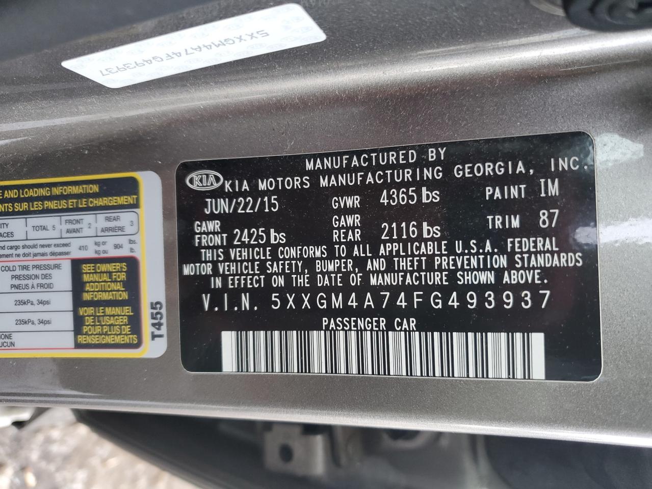2015 KIA Optima VIN 5XXGM4A74FG493937 Copart auction photo, front end damage thumbnail 12