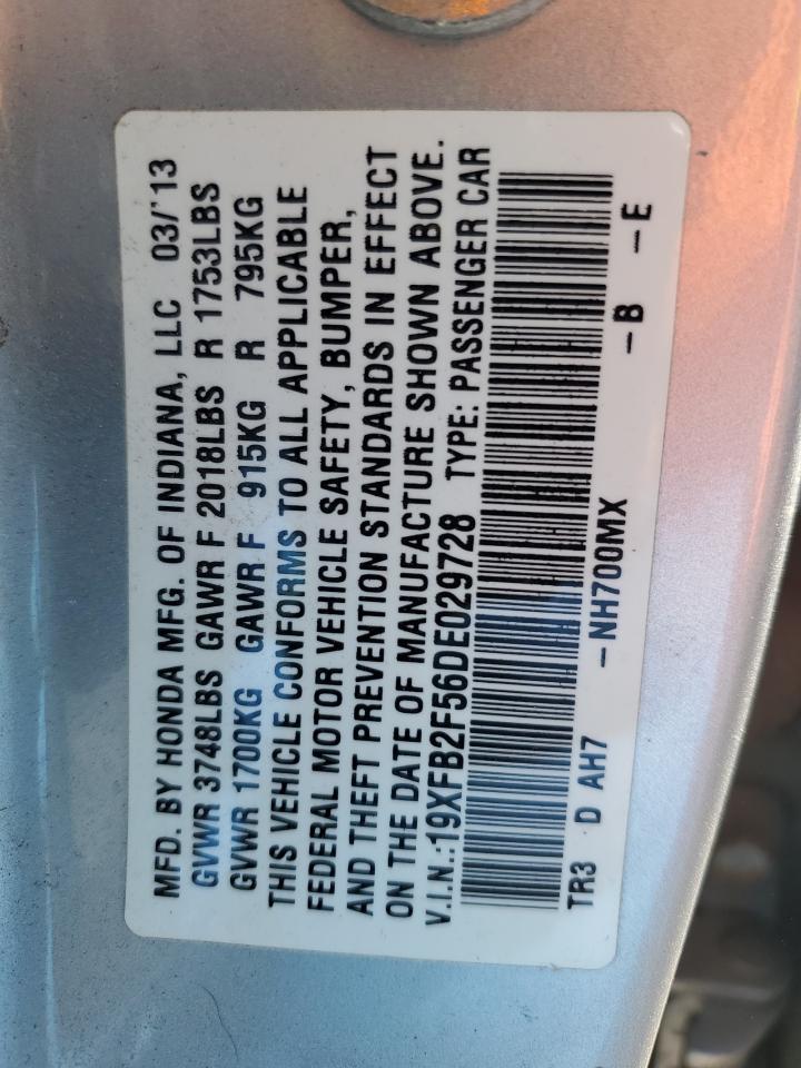 2013 Honda Civic VIN 19XFB2F56DE029728 Copart auction photo, rear end / minor dent/scratches damage thumbnail 12