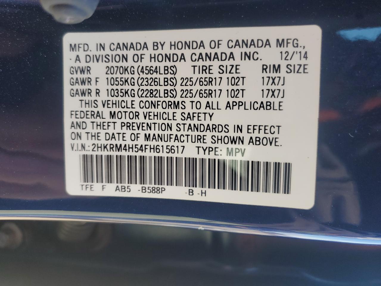2015 Honda CR-V VIN 2HKRM4H54FH615617 Copart auction photo, front end / minor dent/scratches damage thumbnail 13