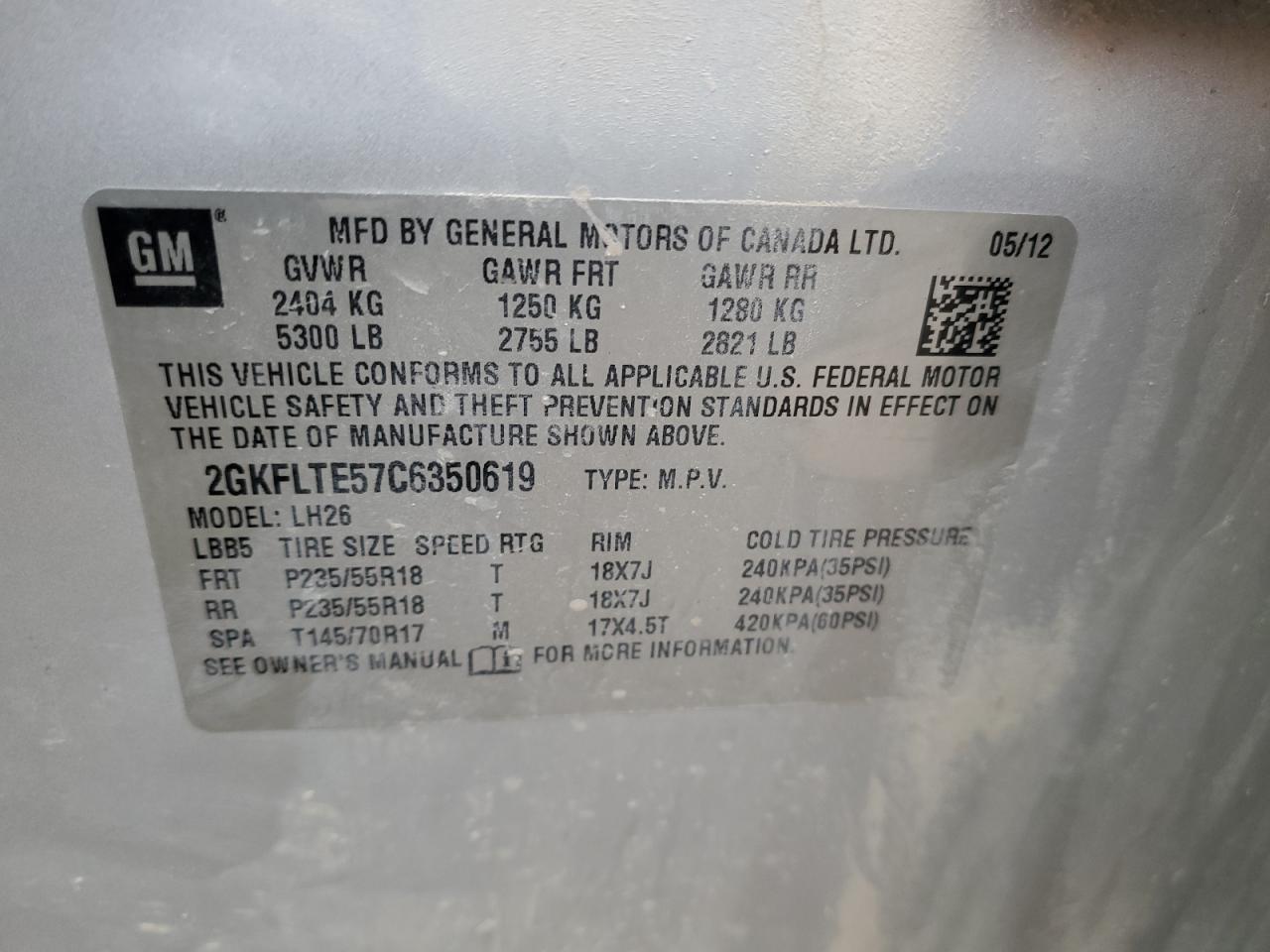 2012 GMC Terrain VIN 2GKFLTE57C6350619 Copart auction photo, front end damage thumbnail 15