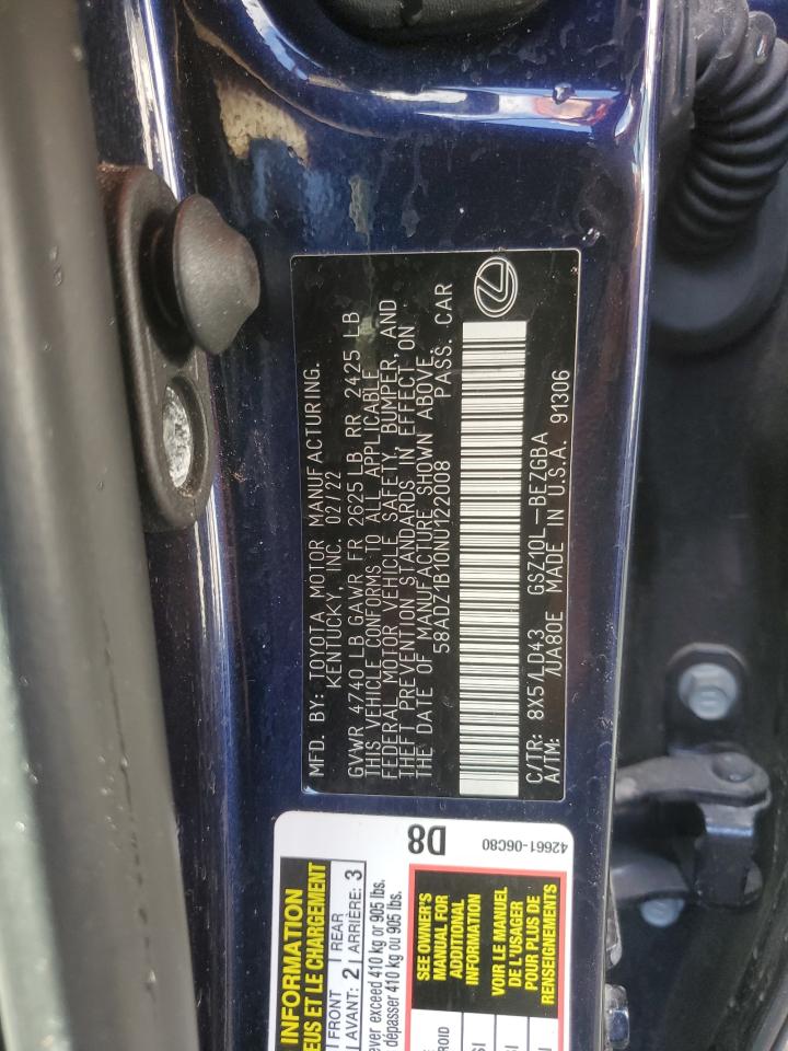 2022 Lexus ES VIN 58ADZ1B10NU122008 Copart auction photo, water/flood damage thumbnail 13