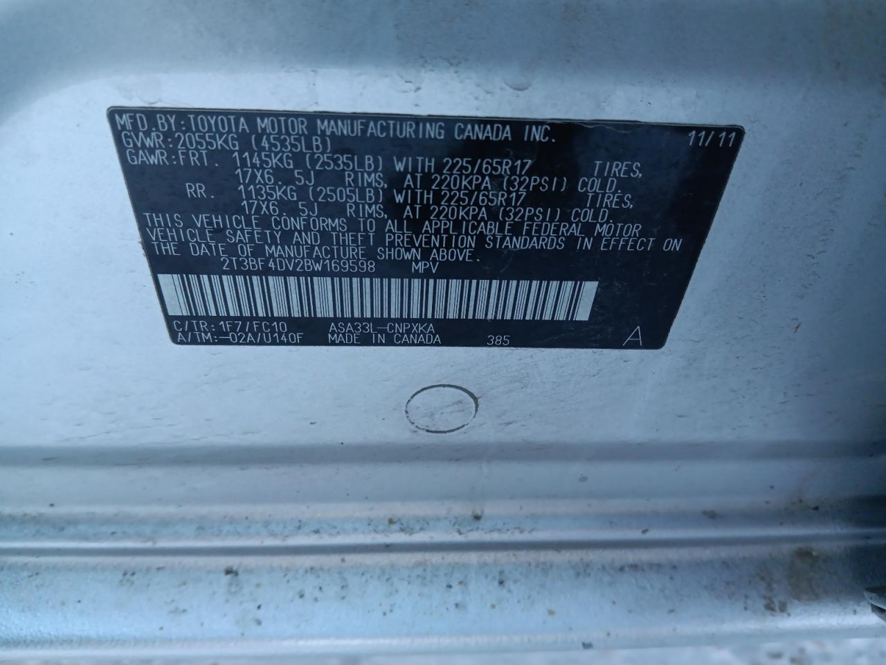 2011 Toyota RAV 4 VIN 2T3BF4DV2BW169598 Copart auction photo, front end damage thumbnail 12