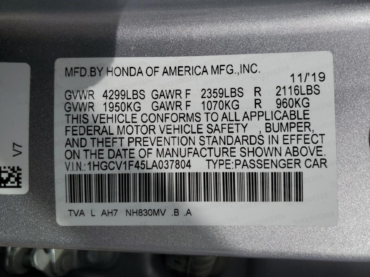 2020 Honda Accord VIN 1HGCV1F45LA037804 Copart auction photo, rear end / front end damage thumbnail 14