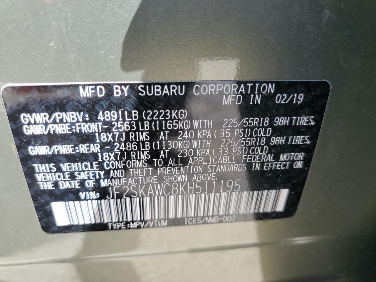 2019 Subaru Forester VIN JF2SKAWC8KH511195 Copart auction photo, side / front end damage thumbnail 14
