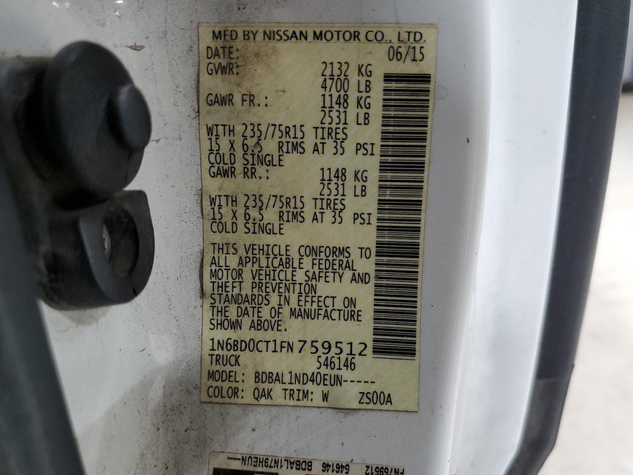 2015 Nissan Navara (Frontier) VIN 1N6BD0CT1FN759512 Copart auction photo, normal wear / minor dent/scratches damage thumbnail 12