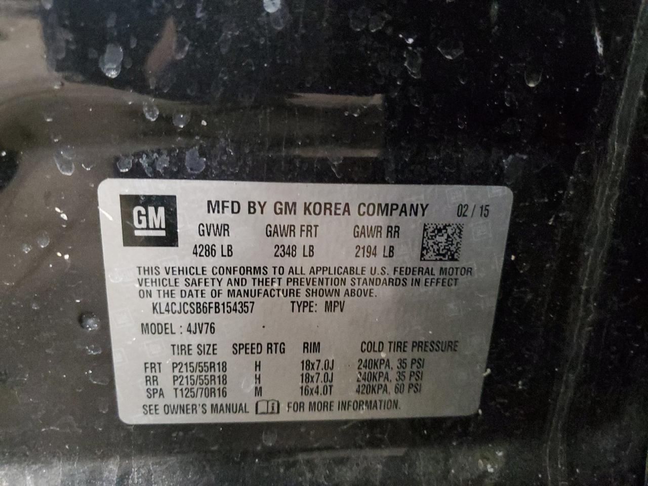 2015 Buick Encore VIN KL4CJCSB6FB154357 Copart auction photo, minor dent/scratches damage thumbnail 13