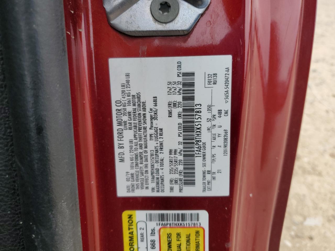 2019 Ford Mustang VIN 1FA6P8THXK5157813 Copart auction photo, rear end / minor dent/scratches damage thumbnail 13