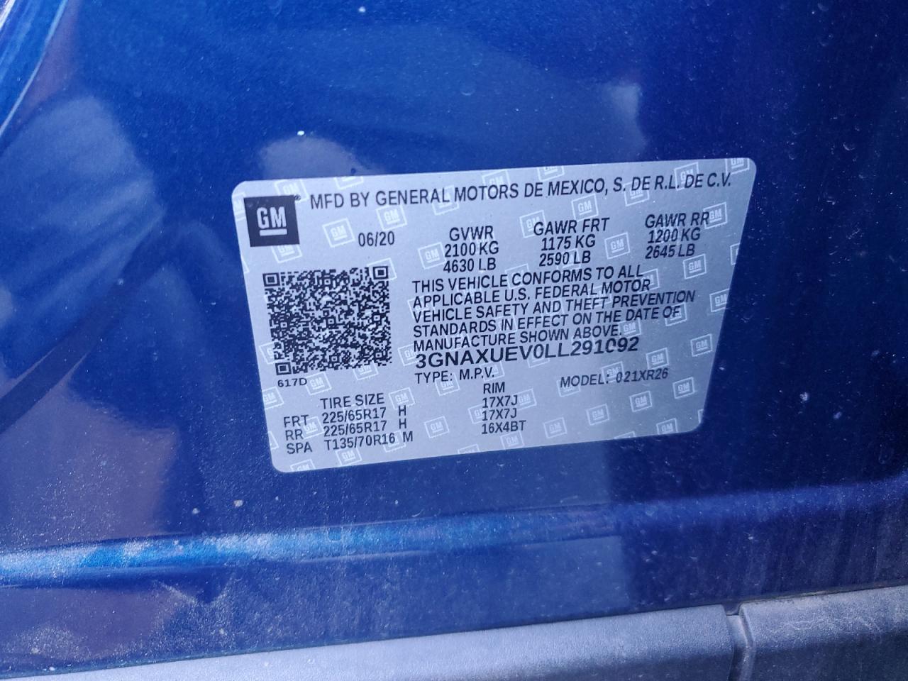2020 Chevrolet Equinox VIN 3GNAXUEV0LL291092 Copart auction photo, front end damage thumbnail 14