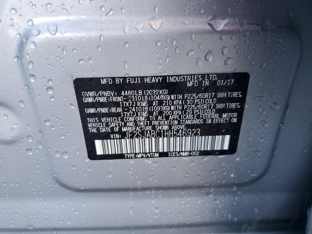 2017 Subaru Forester VIN JF2SJABC1HH546923 Copart auction photo, front end / minor dent/scratches damage thumbnail 13