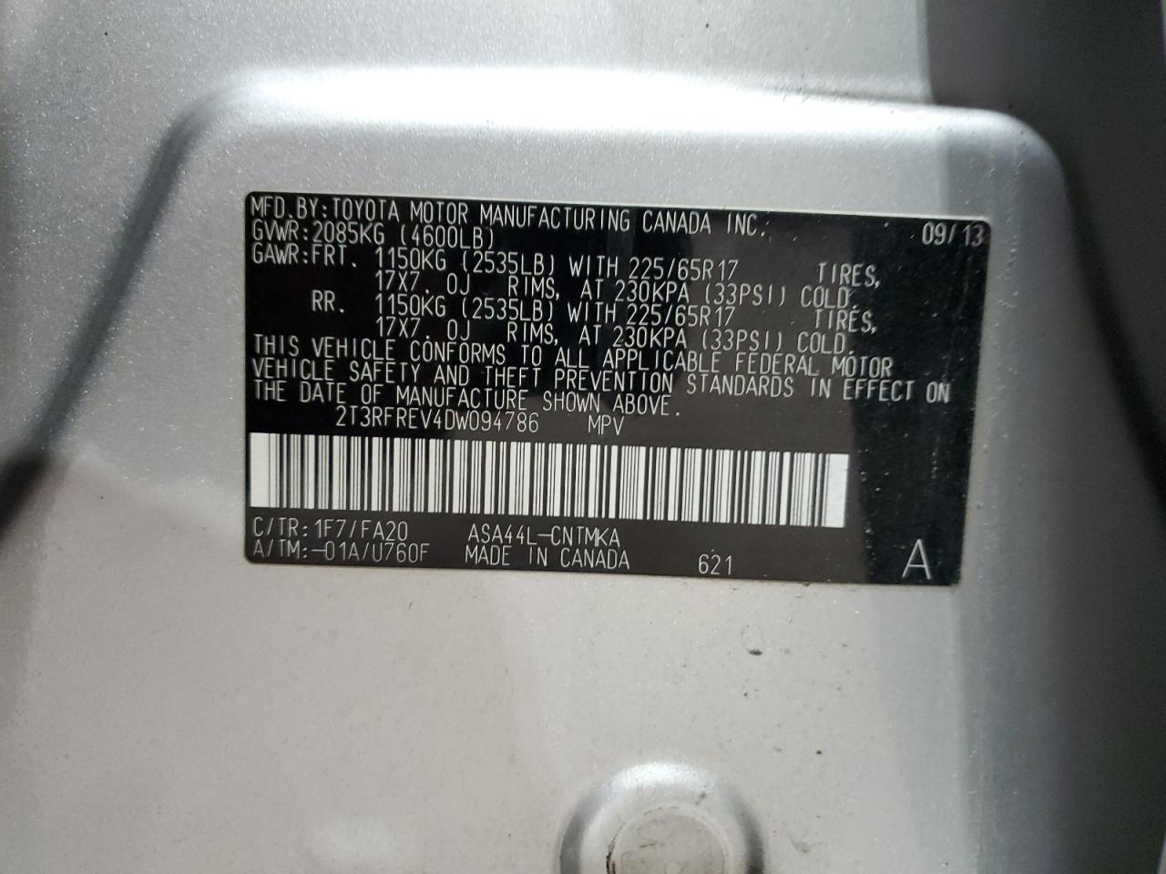 2013 Toyota RAV 4 VIN 2T3RFREV4DW094786 Copart auction photo, front end damage thumbnail 13