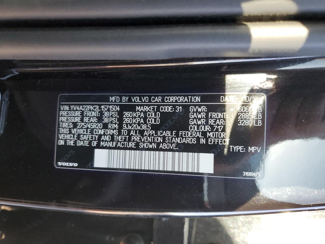 2020 Volvo XC90 VIN YV4A22PK2L1571504 Copart auction photo, side damage thumbnail 13