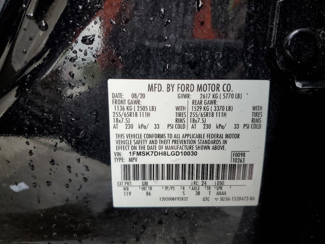 2020 Ford Explorer VIN 1FMSK7DH8LGD10030 Copart auction photo, side damage thumbnail 13