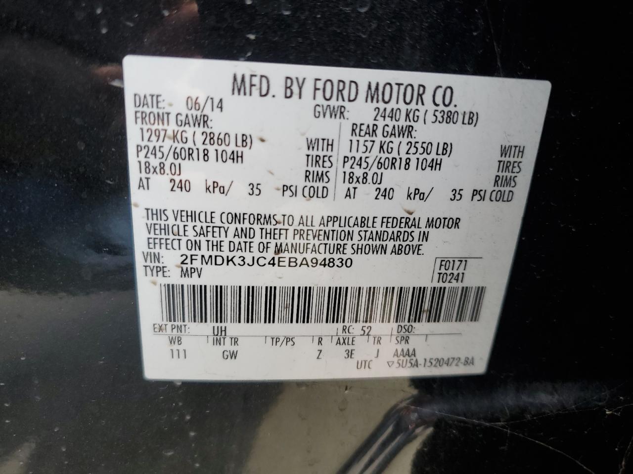 2014 Ford Edge VIN 2FMDK3JC4EBA94830 Copart auction photo, front end damage thumbnail 13