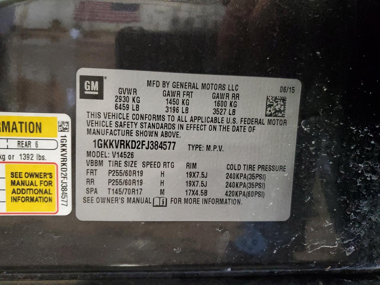 2015 GMC Acadia VIN 1GKKVRKD2FJ384577 Copart auction photo, rear end / side damage thumbnail 13