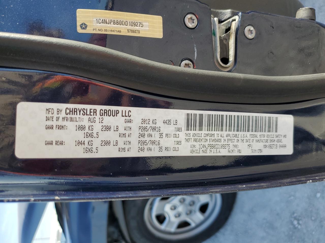 2013 Jeep Liberty (Patriot) VIN 1C4NJPBB0DD109275 Copart auction photo, all over damage thumbnail 15