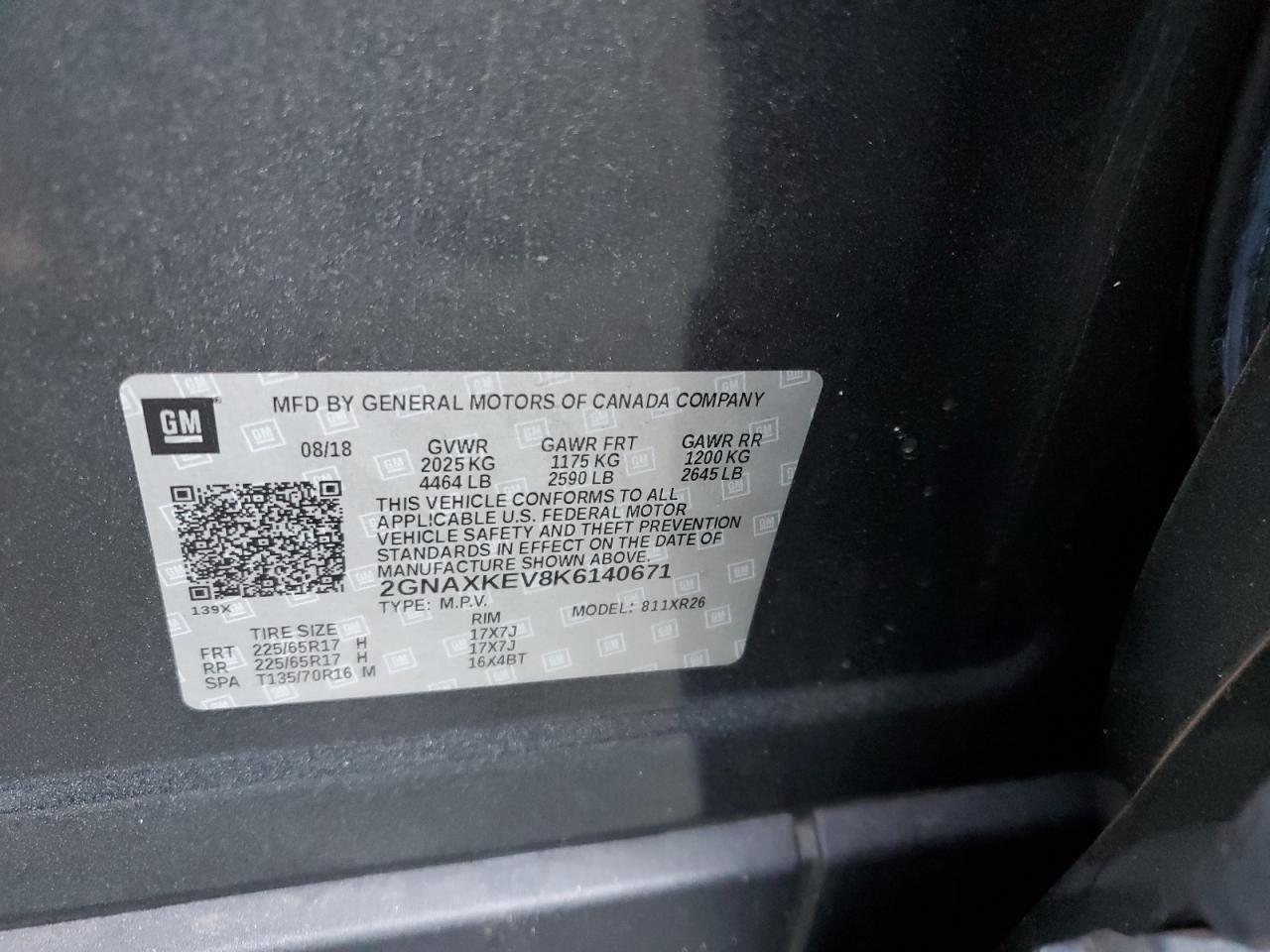 2019 Chevrolet Equinox VIN 2GNAXKEV8K6140671 Copart auction photo, side damage thumbnail 14
