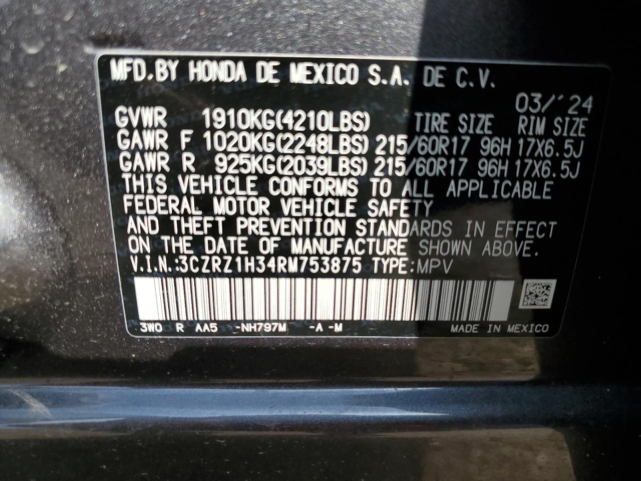 2024 Honda HR-V VIN 3CZRZ1H34RM753875 Copart auction photo, front end damage thumbnail 14