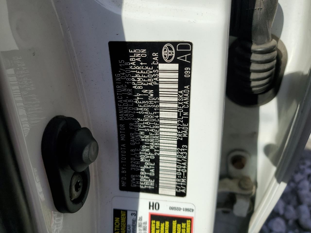 2015 Toyota Corolla VIN 2T1BURHE8FC411615 Copart auction photo, front end / side damage thumbnail 12