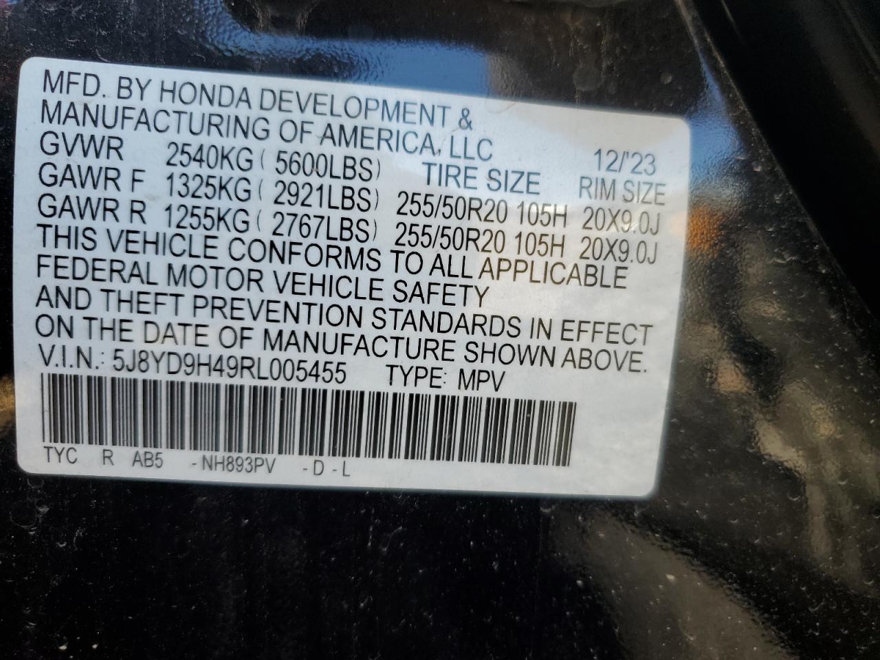 2024 Acura MDX VIN 5J8YD9H49RL005455 Copart auction photo, side / minor dent/scratches damage thumbnail 13