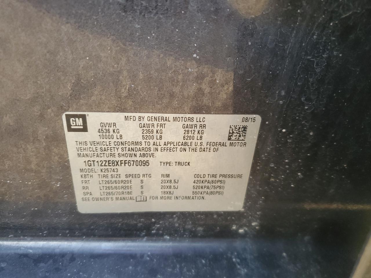 2015 GMC Sierra VIN 1GT12ZE8XFF670095 Copart auction photo, side damage thumbnail 12