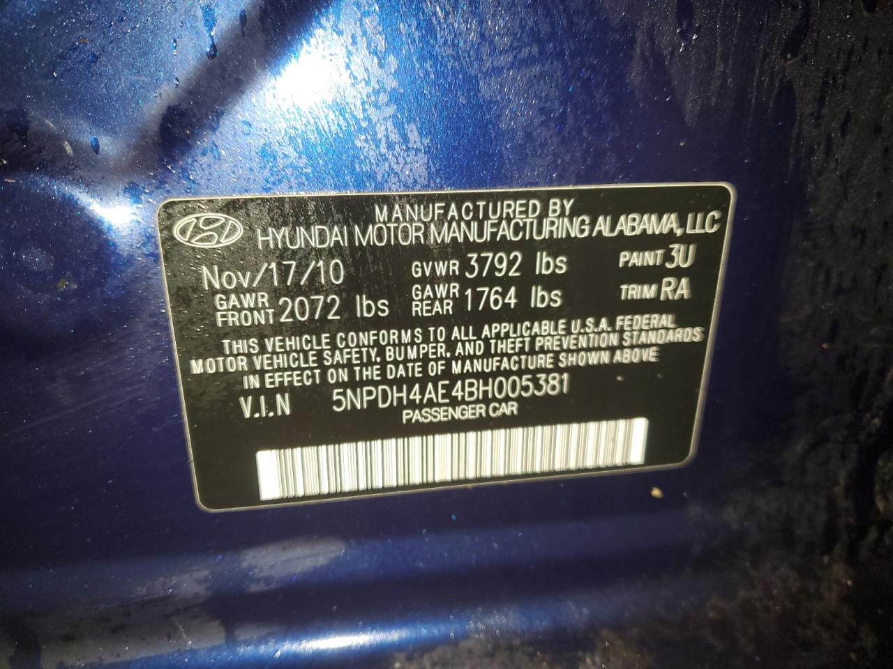 2011 Hyundai Elantra VIN 5NPDH4AE4BH005381 Copart auction photo, rear end / undercarriage damage thumbnail 13