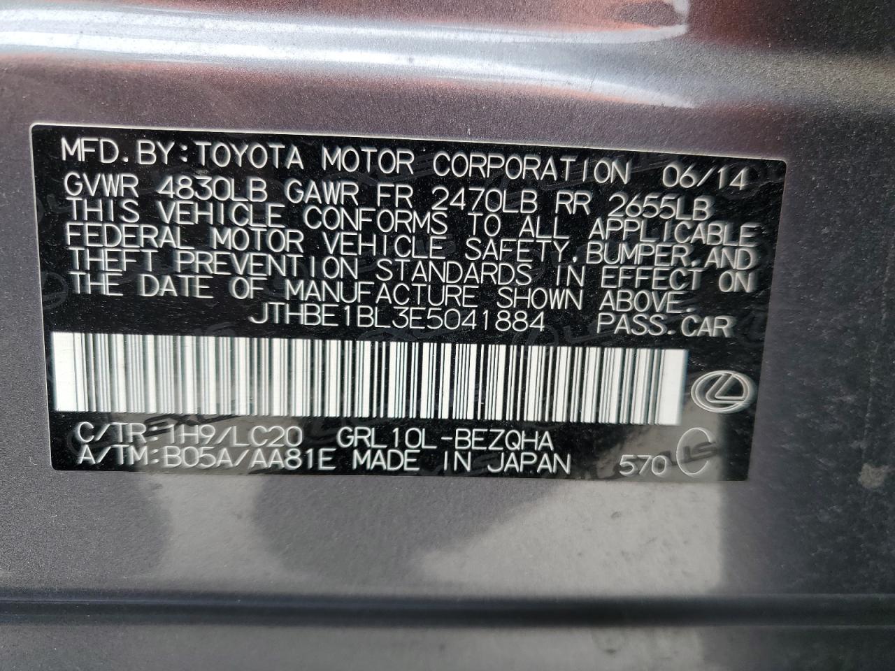 2014 Lexus GS VIN JTHBE1BL3E5041884 Copart auction photo, all over damage thumbnail 13
