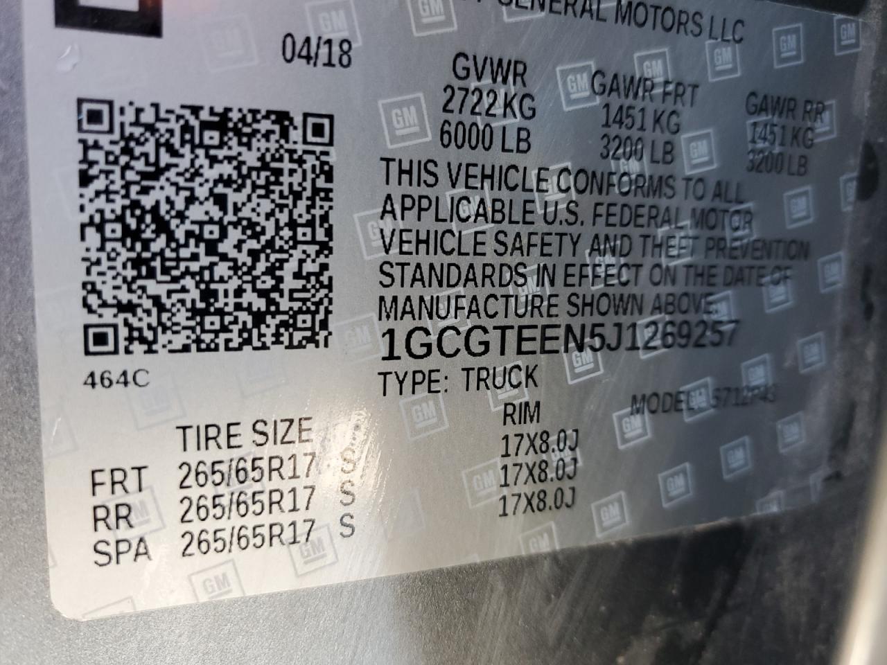 2018 Chevrolet Colorado VIN 1GCGTEEN5J1269257 Copart auction photo, front end / rear end damage thumbnail 12