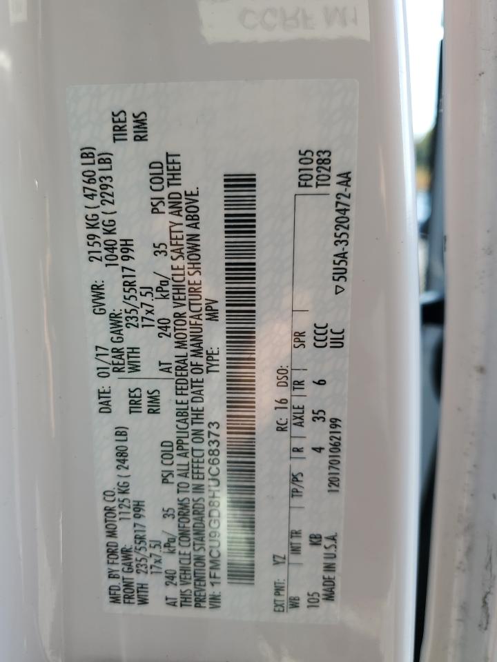 2017 Ford Escape VIN 1FMCU9GD8HUC68373 Copart auction photo, front end damage thumbnail 14