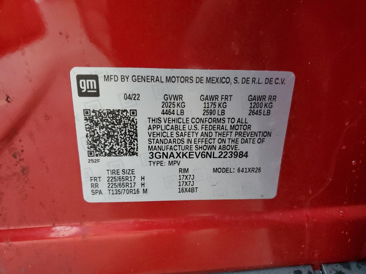 2022 Chevrolet Equinox VIN 3GNAXKEV6NL223984 Copart auction photo, front end damage thumbnail 14